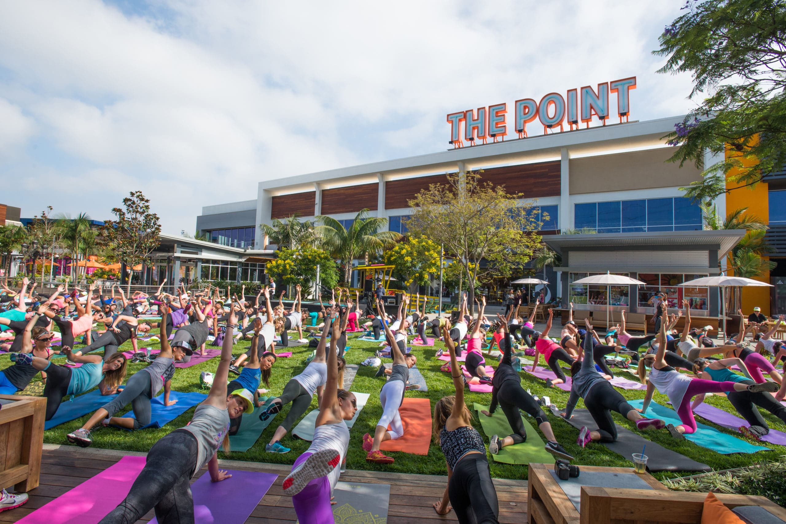 yoga class in front of the point building